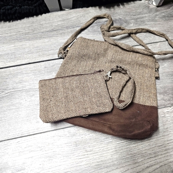 EUC 3-Piece Set Crossbody Wristlet Wallet Change Purse Pouch Herringbone Brown - Picture 5 of 14